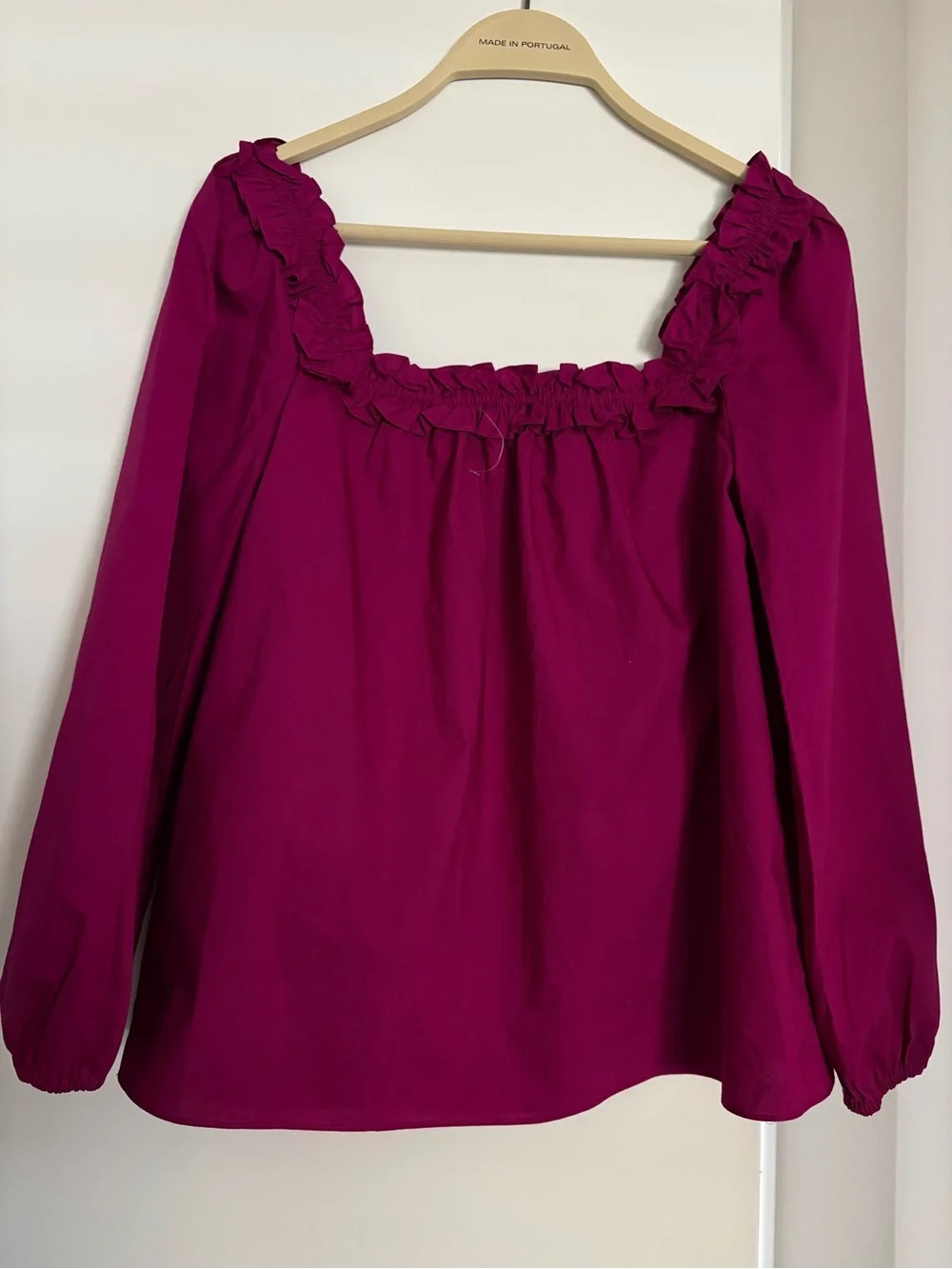 J. Crew Cotton  Ruffled Square-Neck Blouse in Magenta Pink